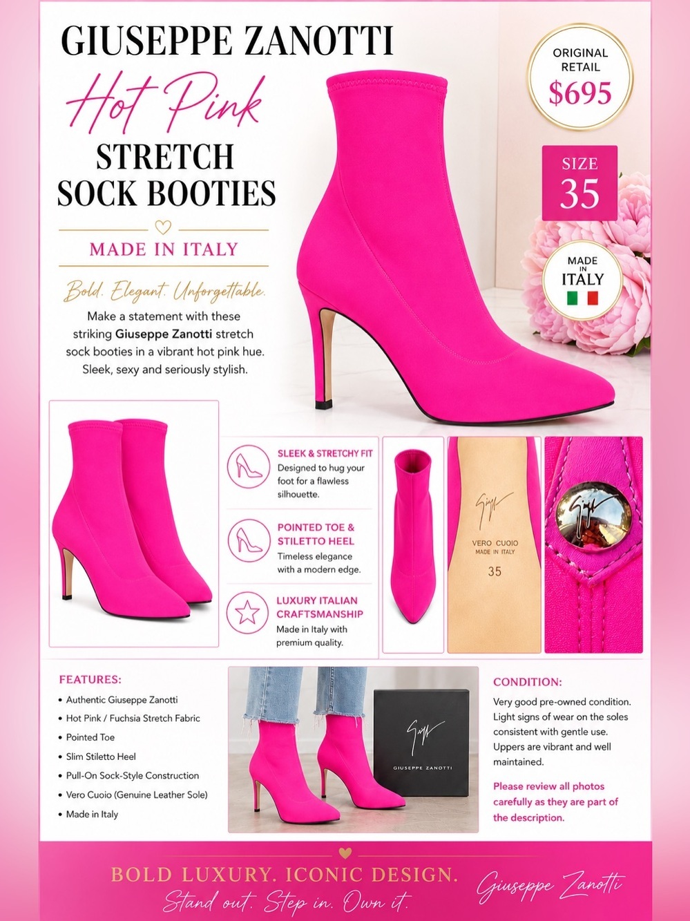 Giuseppe Zanotti Vero Cuoio Hot Pink Stretch Sock Bootie 5